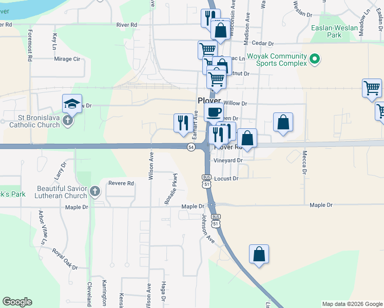 map of restaurants, bars, coffee shops, grocery stores, and more near 3041 Post Road in Plover