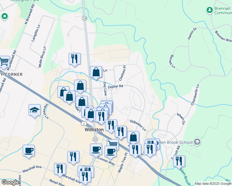 map of restaurants, bars, coffee shops, grocery stores, and more near 97 Madison Drive in Williston