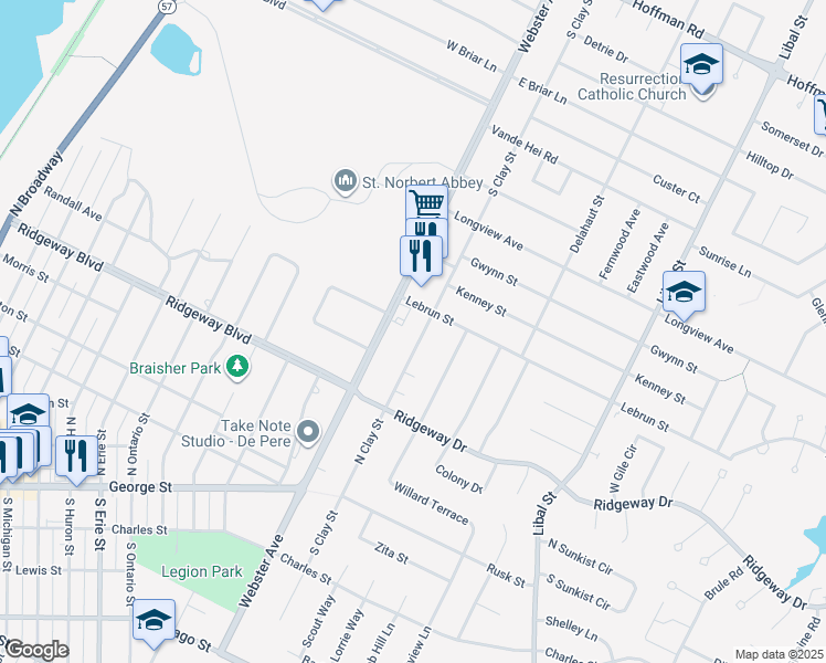 map of restaurants, bars, coffee shops, grocery stores, and more near 835 North Clay Street in De Pere
