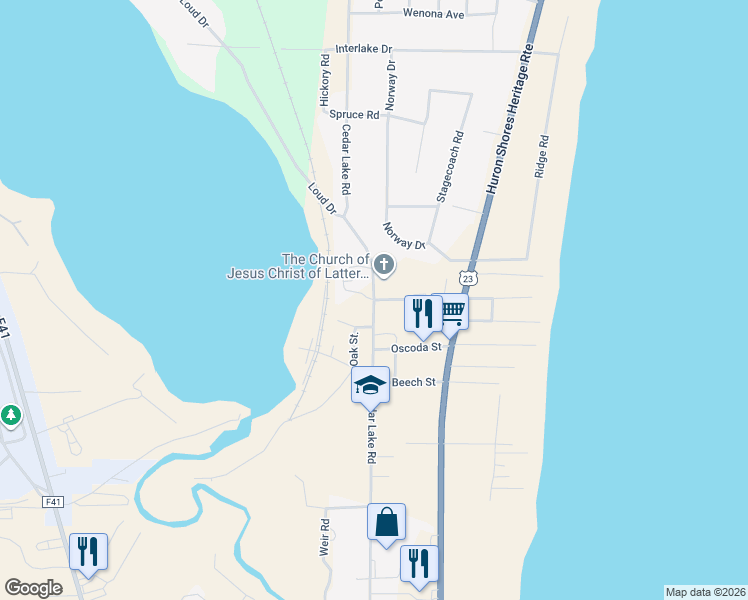 map of restaurants, bars, coffee shops, grocery stores, and more near 6000 Cedar Lake Road in Oscoda