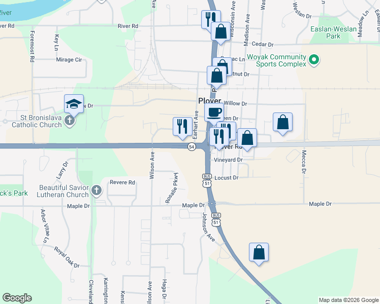 map of restaurants, bars, coffee shops, grocery stores, and more near 2800 Plover Road in Plover