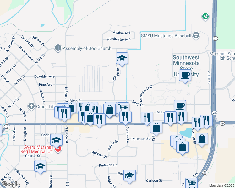 map of restaurants, bars, coffee shops, grocery stores, and more near 410 Village Drive in Marshall