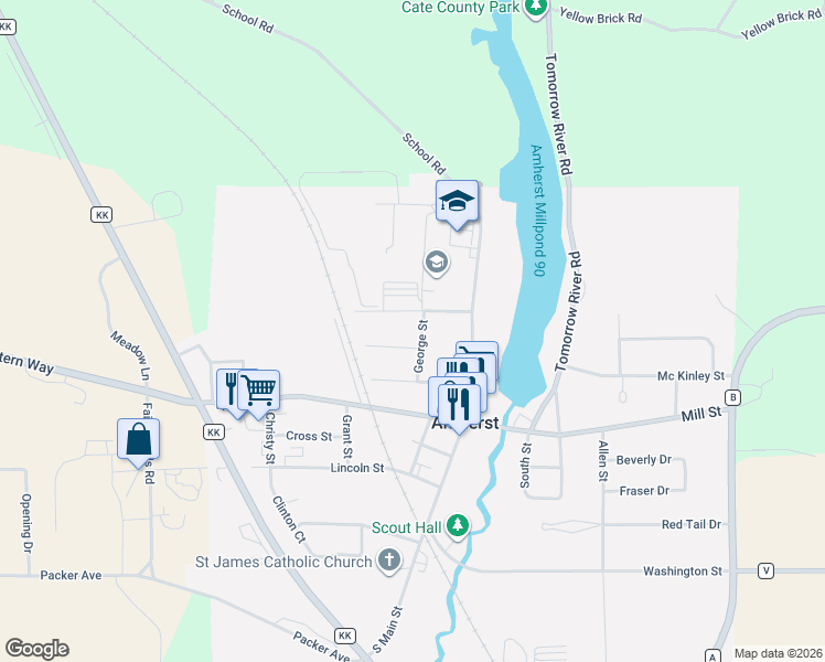 map of restaurants, bars, coffee shops, grocery stores, and more near 235 School Street in Amherst