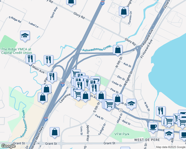 map of restaurants, bars, coffee shops, grocery stores, and more near 1003 Cedar Street in De Pere