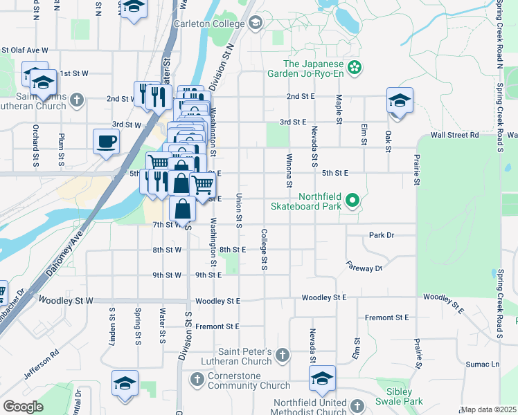 map of restaurants, bars, coffee shops, grocery stores, and more near 310 6th Street East in Northfield