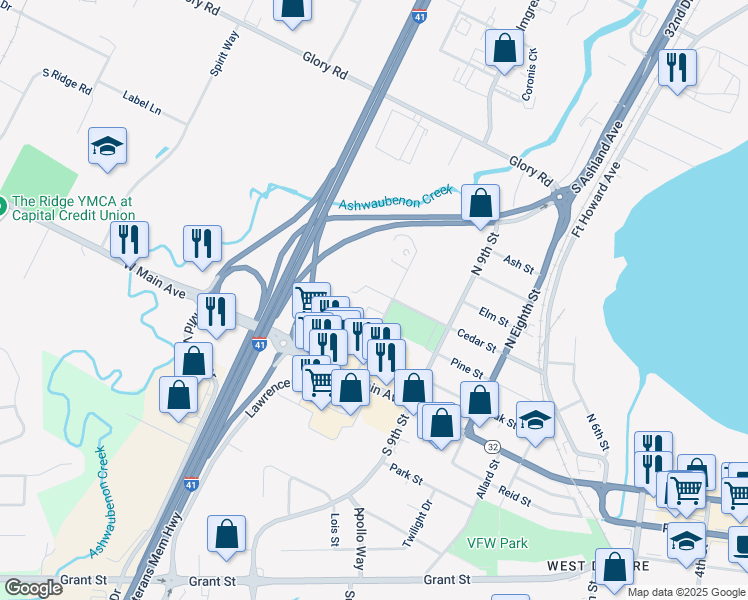 map of restaurants, bars, coffee shops, grocery stores, and more near 1003 Cedar St in De Pere