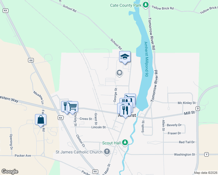 map of restaurants, bars, coffee shops, grocery stores, and more near 235 School Street in Amherst