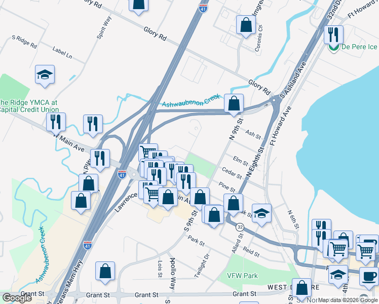 map of restaurants, bars, coffee shops, grocery stores, and more near North 10th Street in De Pere