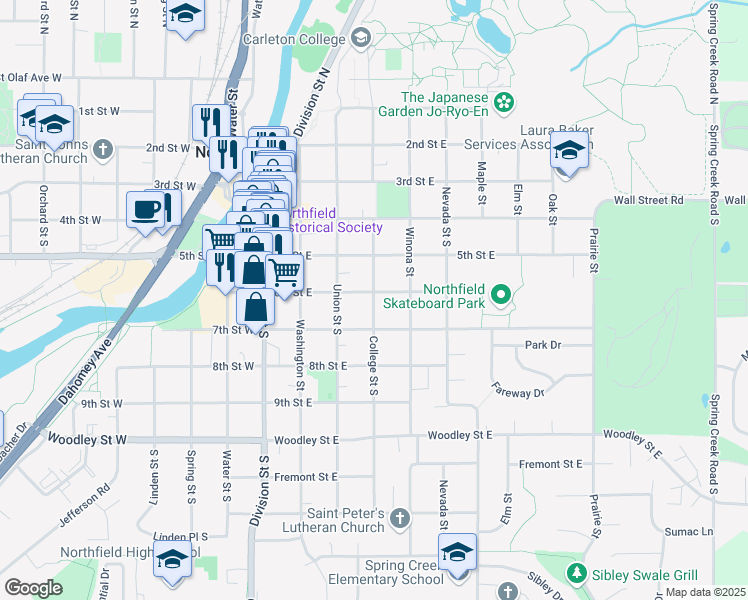 map of restaurants, bars, coffee shops, grocery stores, and more near College Street in Northfield