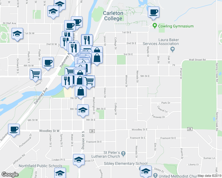 map of restaurants, bars, coffee shops, grocery stores, and more near 310 6th Street East in Northfield