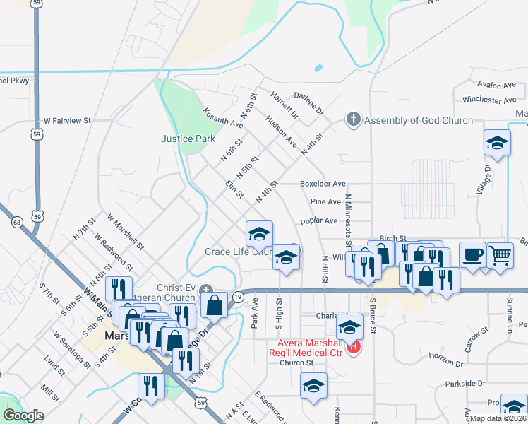map of restaurants, bars, coffee shops, grocery stores, and more near 306 Elm Street in Marshall