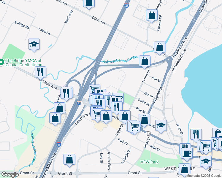map of restaurants, bars, coffee shops, grocery stores, and more near 1007 Cedar Street in De Pere