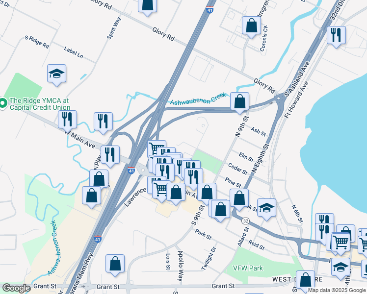 map of restaurants, bars, coffee shops, grocery stores, and more near 1007 Cedar Street in De Pere