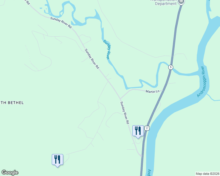 map of restaurants, bars, coffee shops, grocery stores, and more near 120 Sunday River Road in Bethel