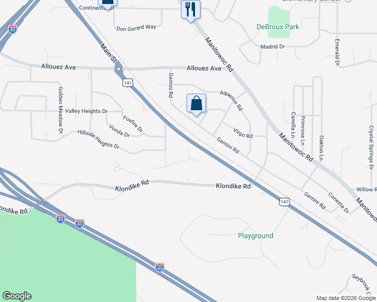 map of restaurants, bars, coffee shops, grocery stores, and more near 2598 Hidden Meadow Court in Green Bay