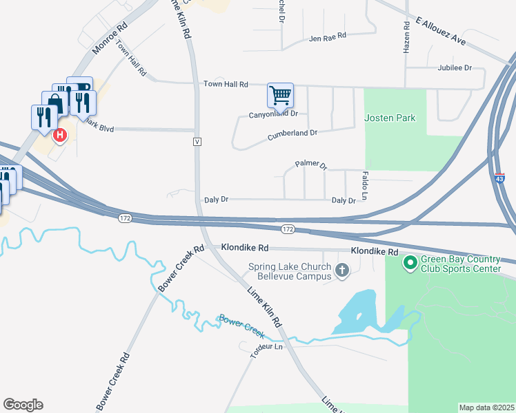 map of restaurants, bars, coffee shops, grocery stores, and more near 2120 Daly Drive in Green Bay