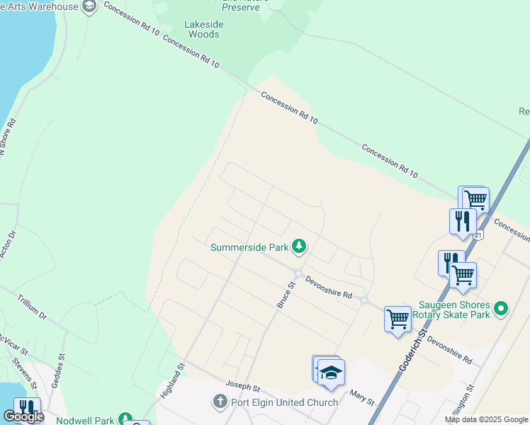 map of restaurants, bars, coffee shops, grocery stores, and more near 380 Devonshire Road in Port Elgin