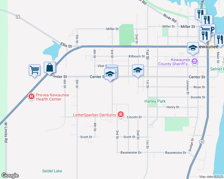 map of restaurants, bars, coffee shops, grocery stores, and more near 911 3rd Street in Kewaunee