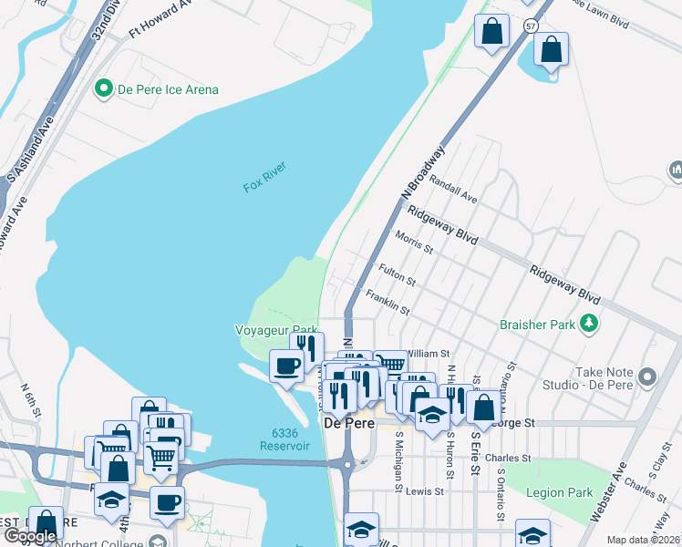 map of restaurants, bars, coffee shops, grocery stores, and more near 311 Franklin Street in De Pere