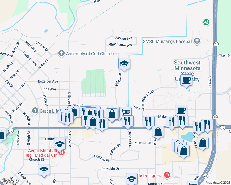 map of restaurants, bars, coffee shops, grocery stores, and more near 409 Village Drive in Marshall