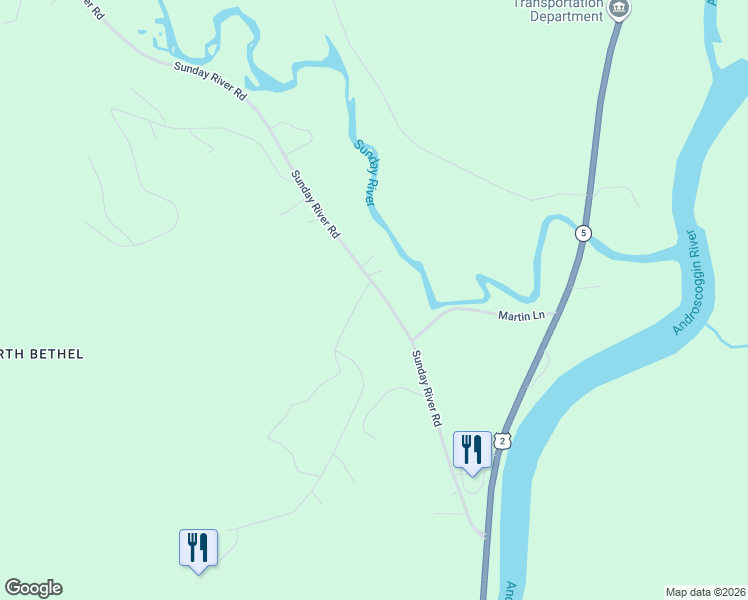 map of restaurants, bars, coffee shops, grocery stores, and more near 120 Sunday River Road in Bethel