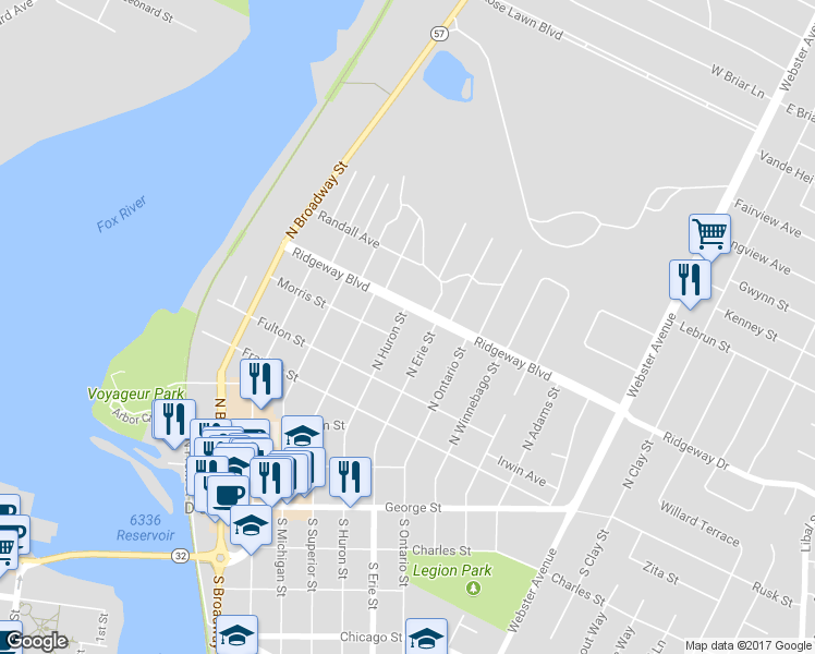 map of restaurants, bars, coffee shops, grocery stores, and more near 724 North Huron Street in De Pere