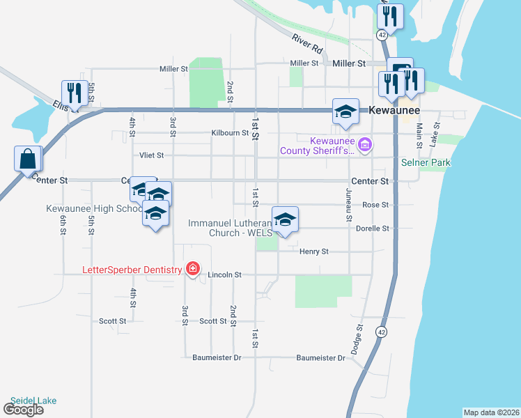 map of restaurants, bars, coffee shops, grocery stores, and more near 822 Rose St in Kewaunee