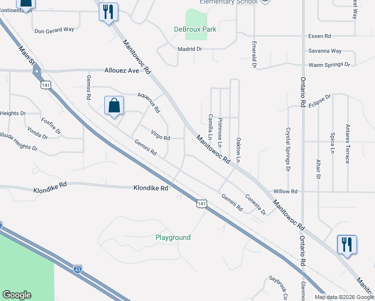 map of restaurants, bars, coffee shops, grocery stores, and more near 2980 Klondike Road in Green Bay