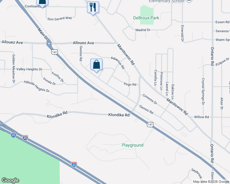 map of restaurants, bars, coffee shops, grocery stores, and more near 2562 Gemini Road in Green Bay