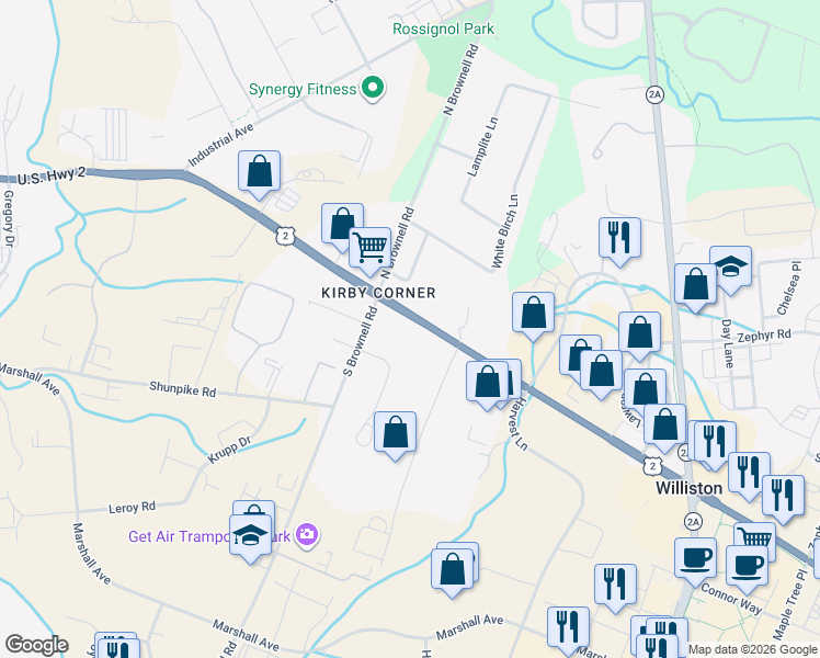 map of restaurants, bars, coffee shops, grocery stores, and more near 5190 Williston Road in Williston