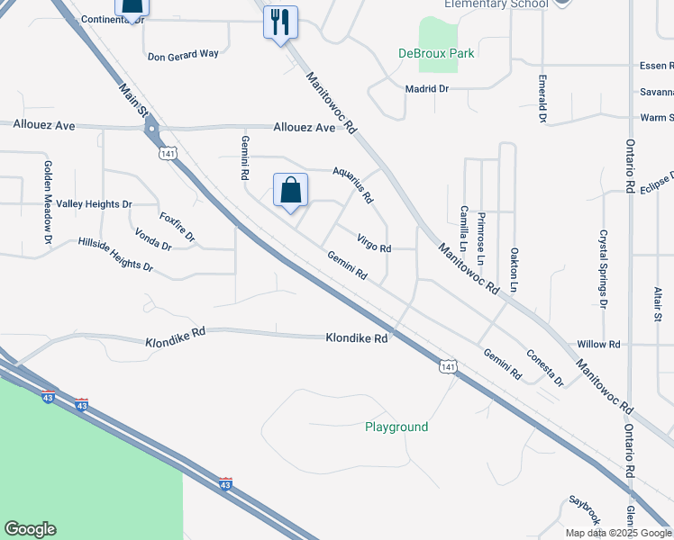 map of restaurants, bars, coffee shops, grocery stores, and more near 2562 Gemini Road in Green Bay