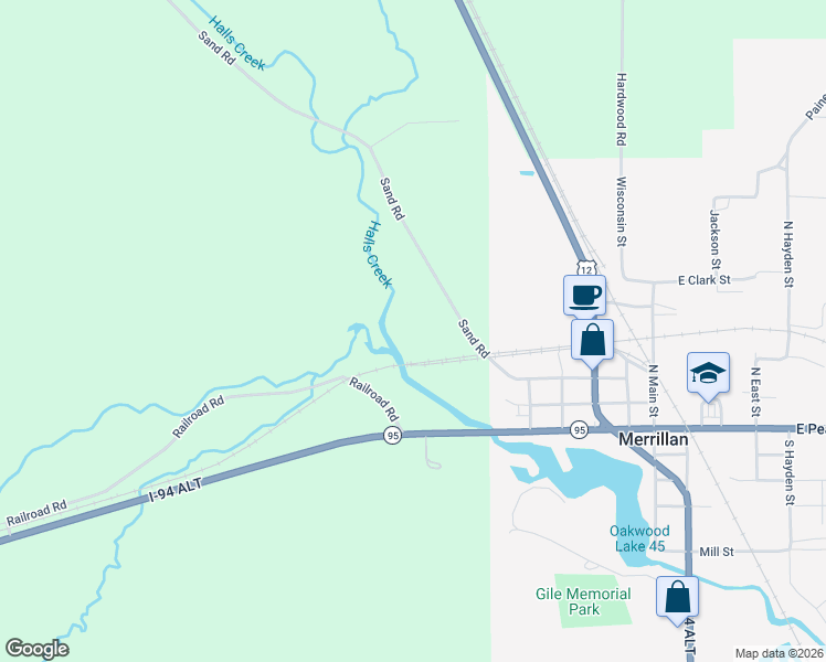 map of restaurants, bars, coffee shops, grocery stores, and more near W10709 Sand Road in Merrillan