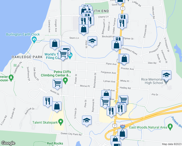 map of restaurants, bars, coffee shops, grocery stores, and more near 91 Ferguson Avenue in Burlington