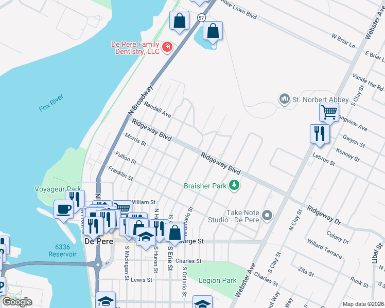 map of restaurants, bars, coffee shops, grocery stores, and more near 724 North Huron Street in De Pere