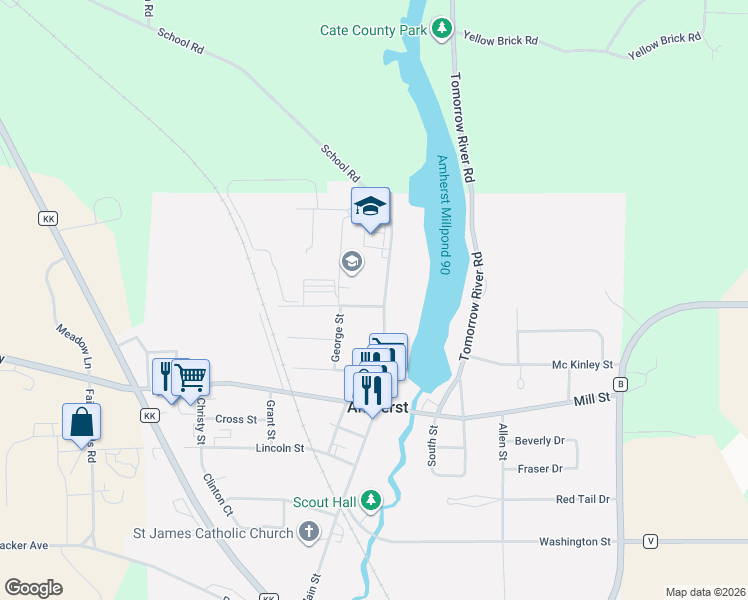 map of restaurants, bars, coffee shops, grocery stores, and more near 307 North Main Street in Amherst