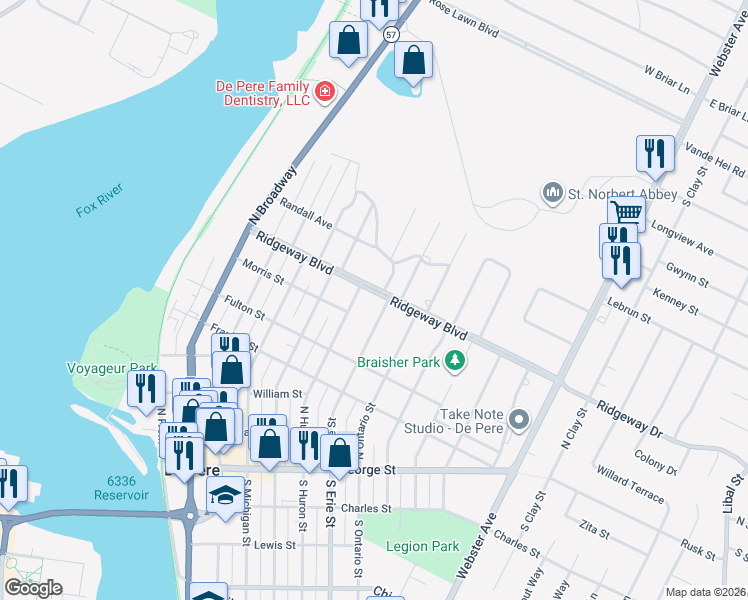 map of restaurants, bars, coffee shops, grocery stores, and more near 724 North Huron Street in De Pere