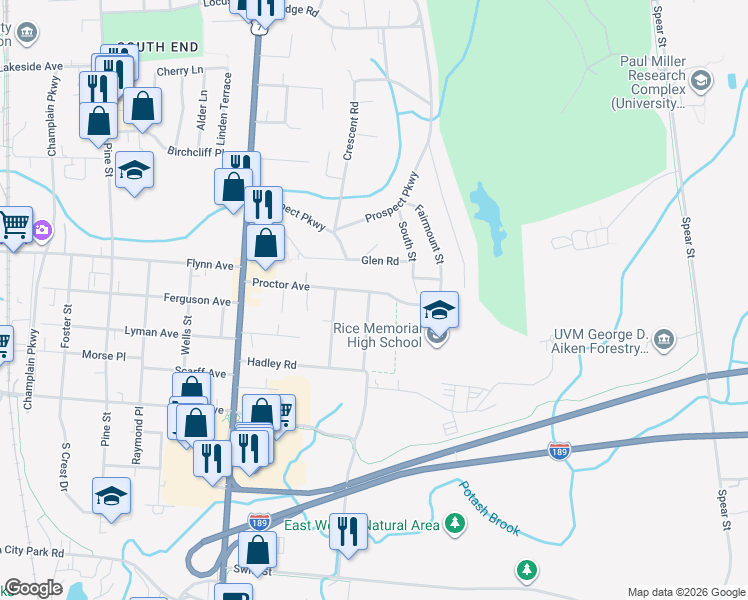 map of restaurants, bars, coffee shops, grocery stores, and more near 2 Meadow Road in South Burlington