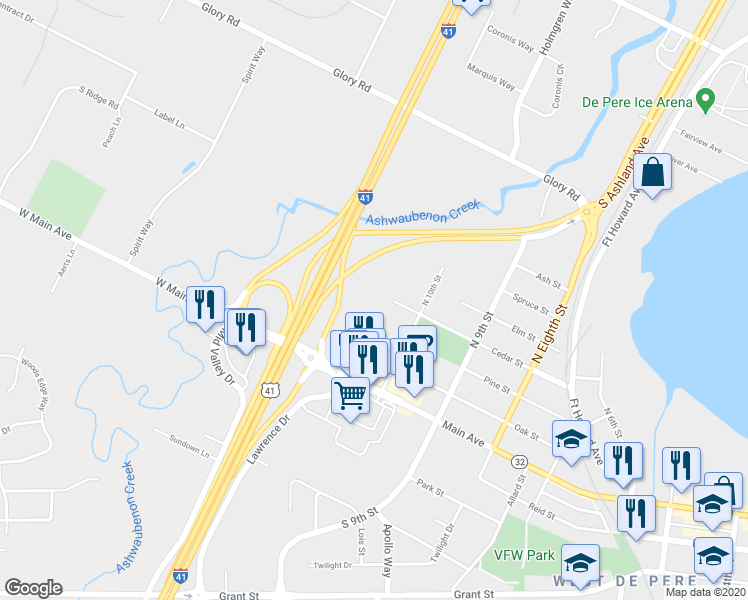 map of restaurants, bars, coffee shops, grocery stores, and more near 1007 Cedar Street in De Pere