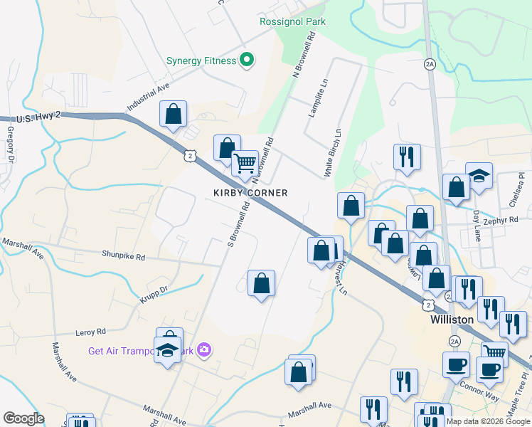 map of restaurants, bars, coffee shops, grocery stores, and more near 5190 Williston Road in Williston