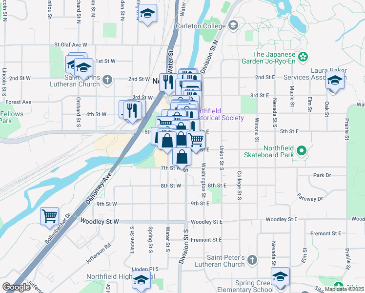 map of restaurants, bars, coffee shops, grocery stores, and more near 530 Division Street South in Northfield