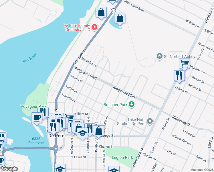 map of restaurants, bars, coffee shops, grocery stores, and more near 724 North Huron Street in De Pere