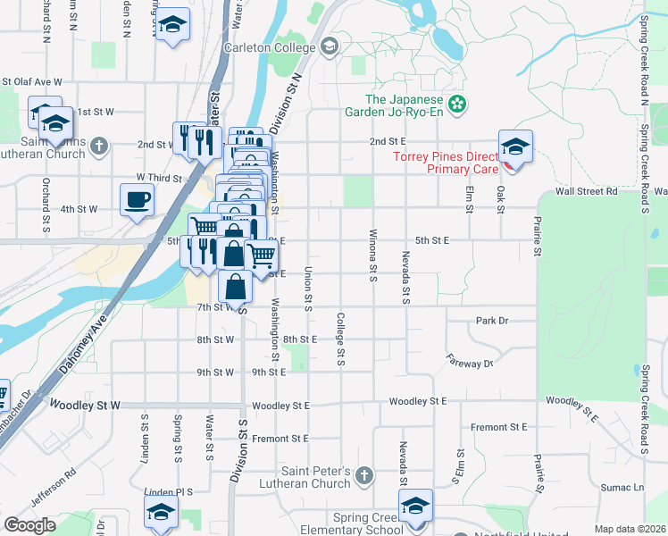 map of restaurants, bars, coffee shops, grocery stores, and more near 310 6th Street East in Northfield