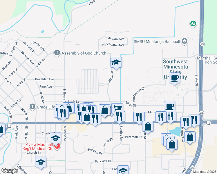 map of restaurants, bars, coffee shops, grocery stores, and more near 409 Village Drive in Marshall