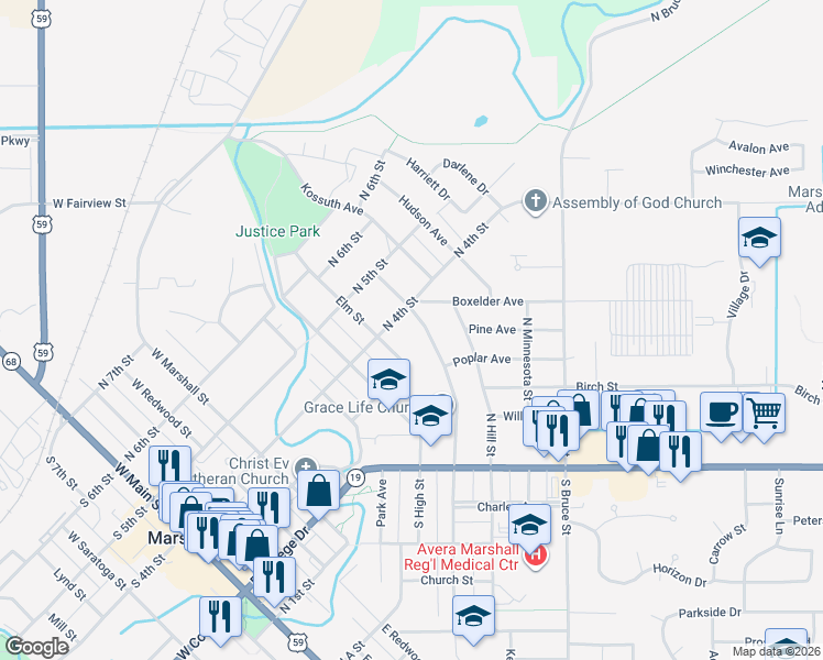 map of restaurants, bars, coffee shops, grocery stores, and more near 306 Elm Street in Marshall