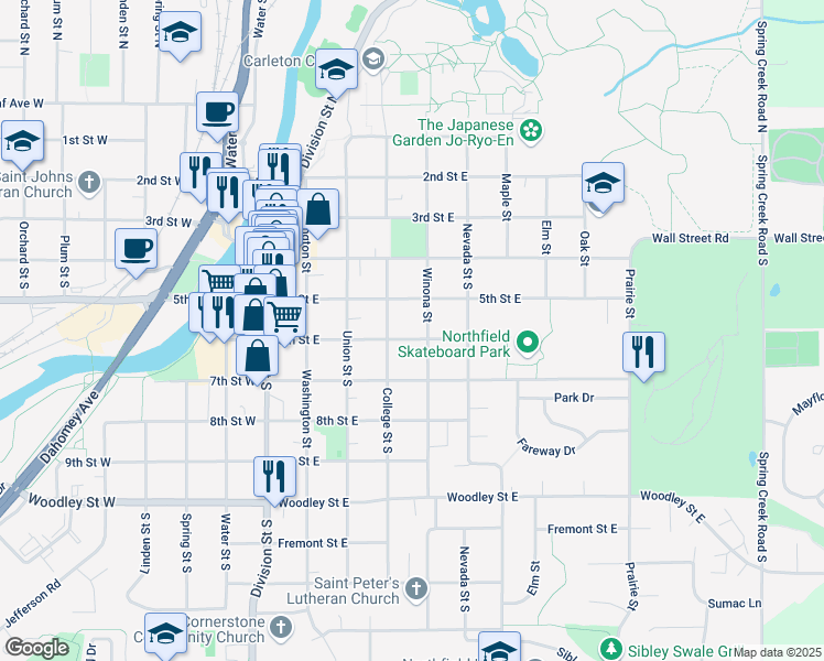 map of restaurants, bars, coffee shops, grocery stores, and more near 411 6th Street East in Northfield