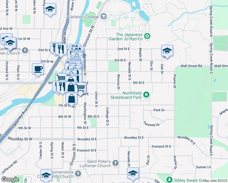 map of restaurants, bars, coffee shops, grocery stores, and more near 411 6th Street East in Northfield