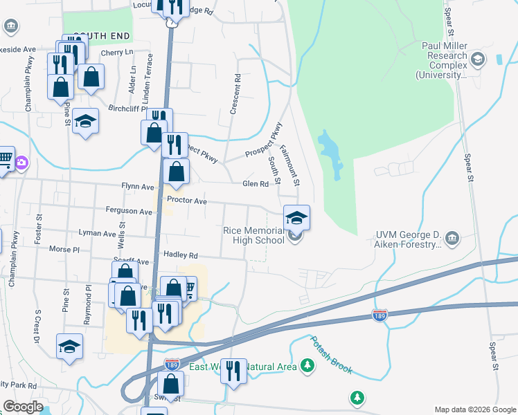 map of restaurants, bars, coffee shops, grocery stores, and more near 2 Meadow Road in South Burlington