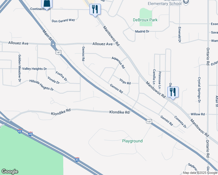 map of restaurants, bars, coffee shops, grocery stores, and more near 2562 Gemini Road in Green Bay