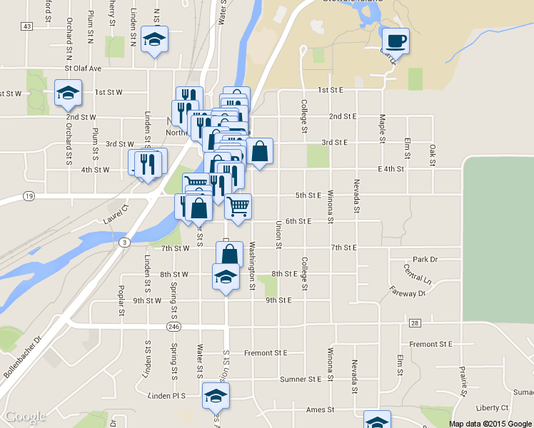 map of restaurants, bars, coffee shops, grocery stores, and more near 211 6th Street East in Northfield