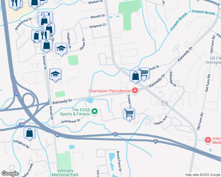 map of restaurants, bars, coffee shops, grocery stores, and more near 98 Kennedy Drive in South Burlington